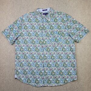 Alan Flusser Linen Blend Shirt Mens XL Blue Floral Print Button Up Short Sleeve